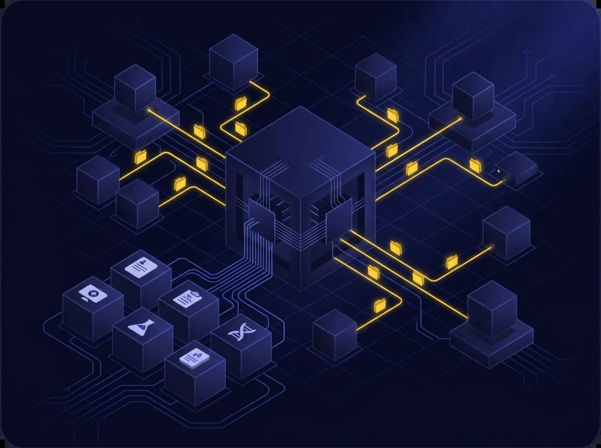 Complex Data Management Requirements A conceptual diagram showing healthcare data management systems restructuring to handle six record categories and fifteen data types for patient care and research.