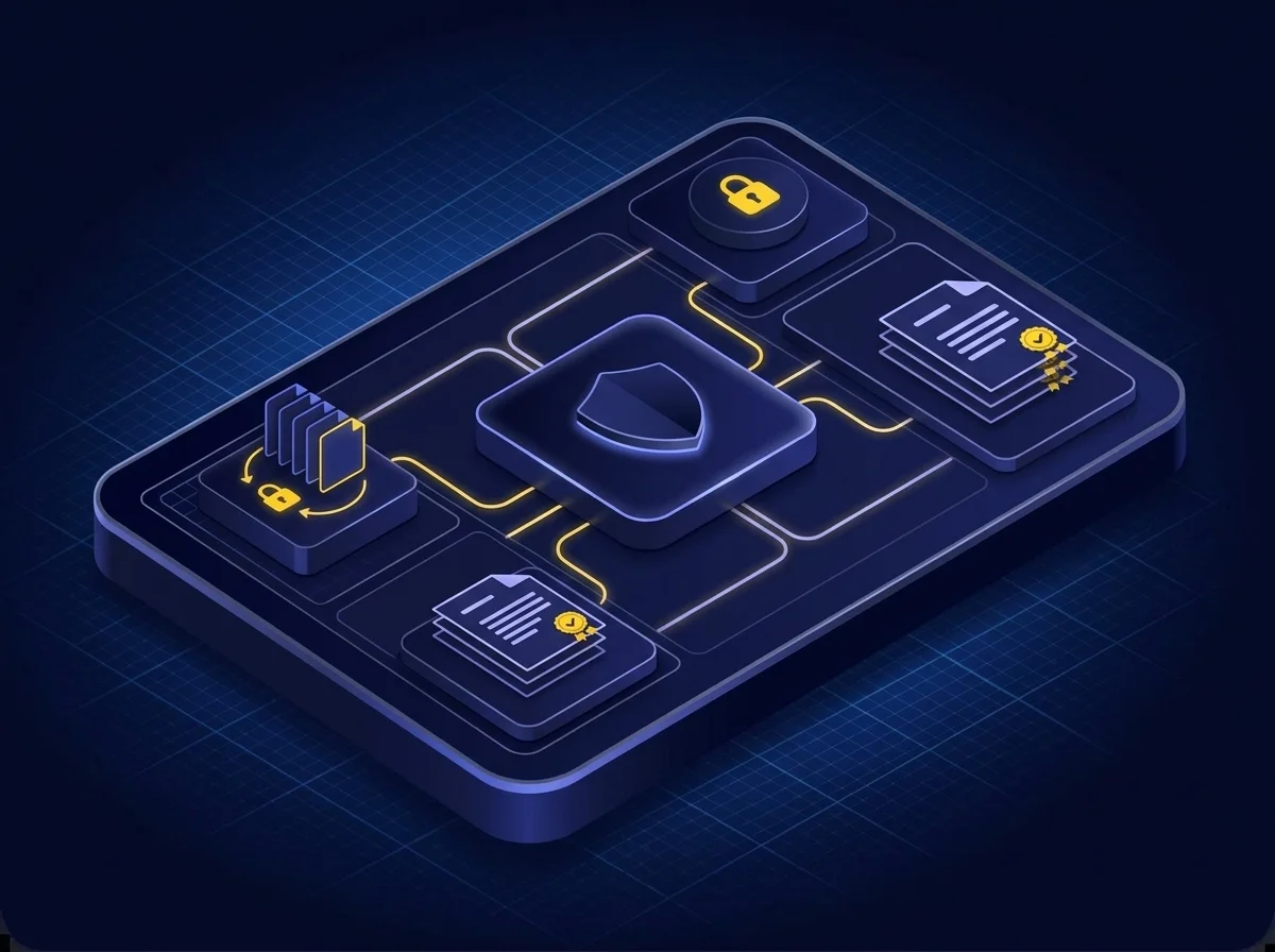 Isometric illustration on a deep navy background featuring dark blue surfaces, blue-violet highlights, lavender details, and yellow accents, representing Kiteworks compliance audit logs and SIEM integration.