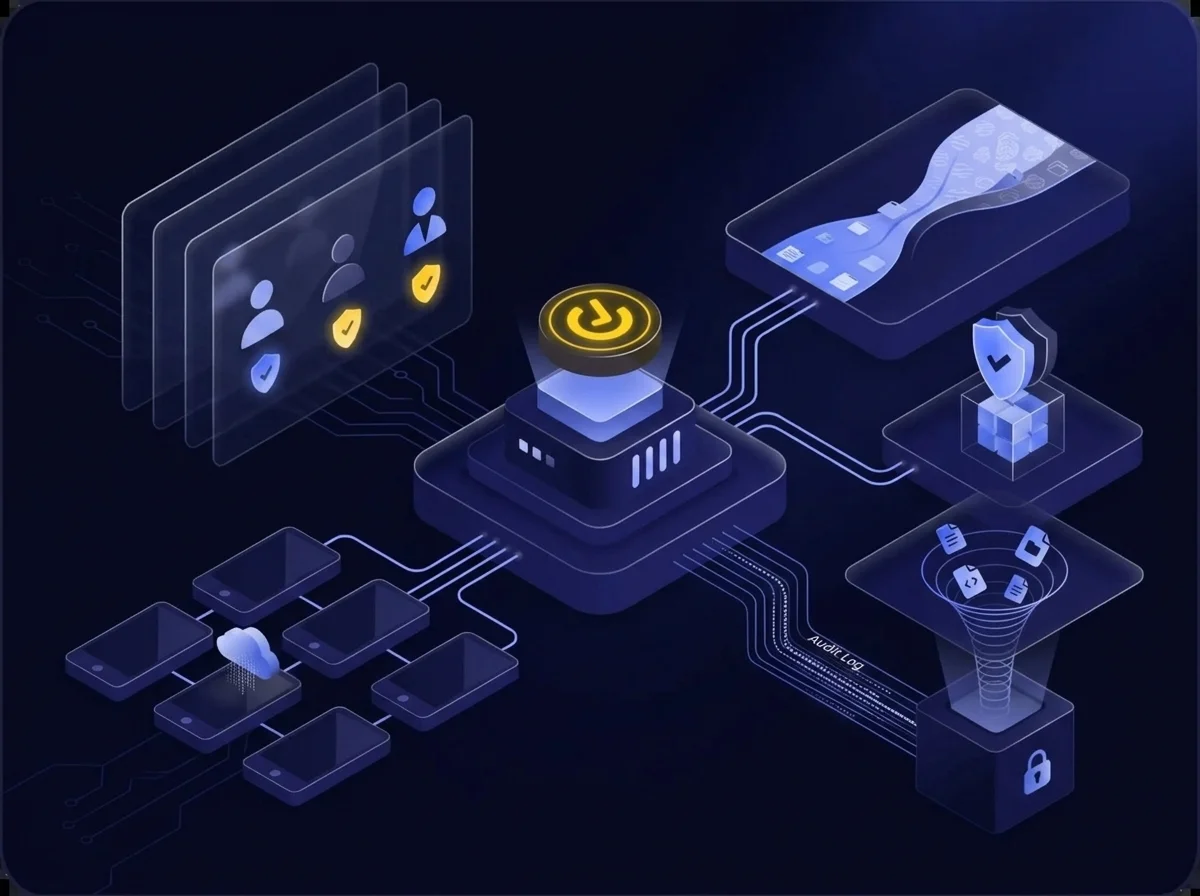 Diagram illustrating Kiteworks automated security features including one-click updates, role-based access control, mobile device management, and double-encryption architecture.