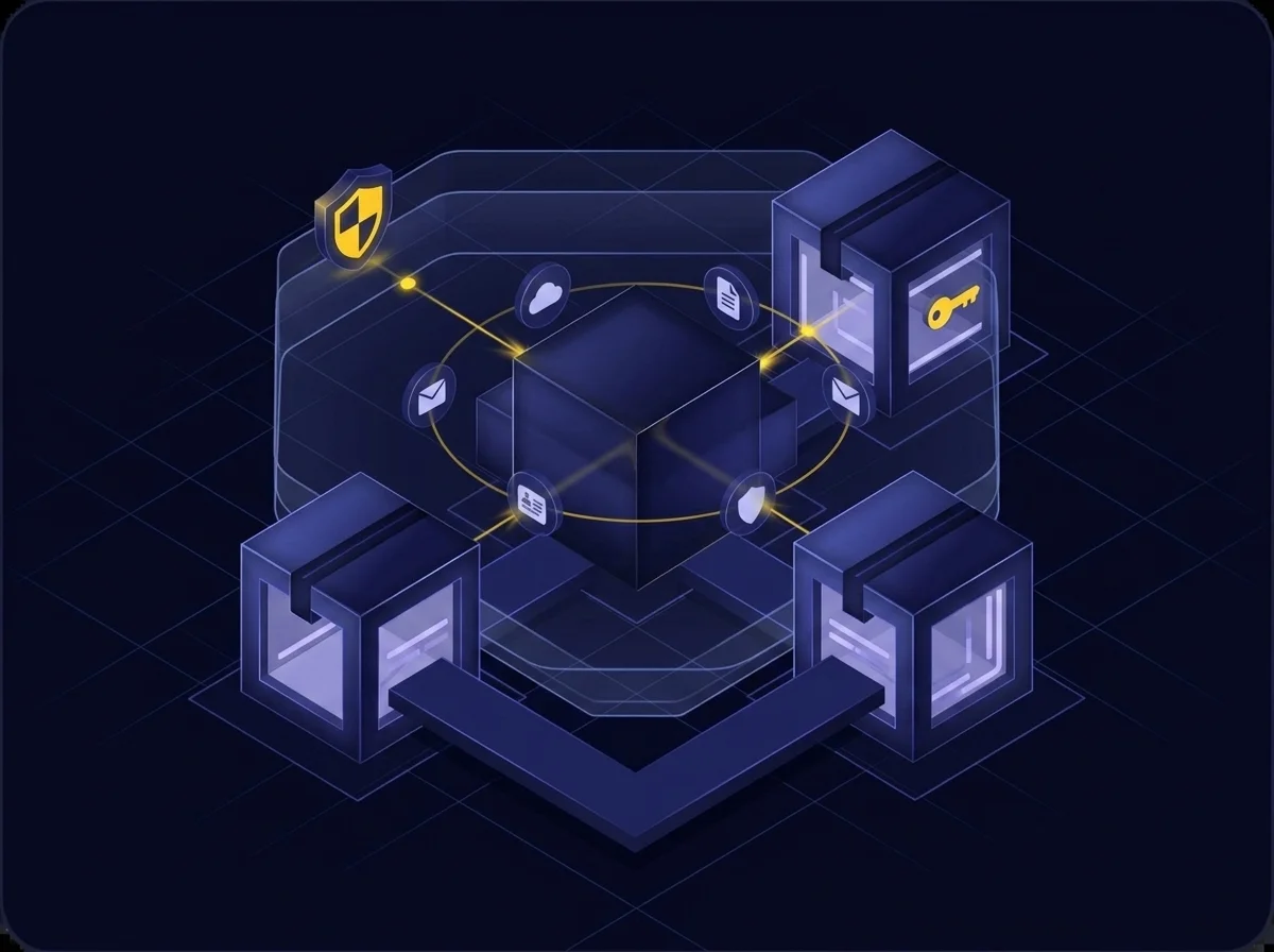 Isometric illustration on a deep navy background featuring dark blue surfaces, blue-violet highlights, and yellow accents, representing secure Canadian data sovereignty architecture with private cloud and encryption controls.