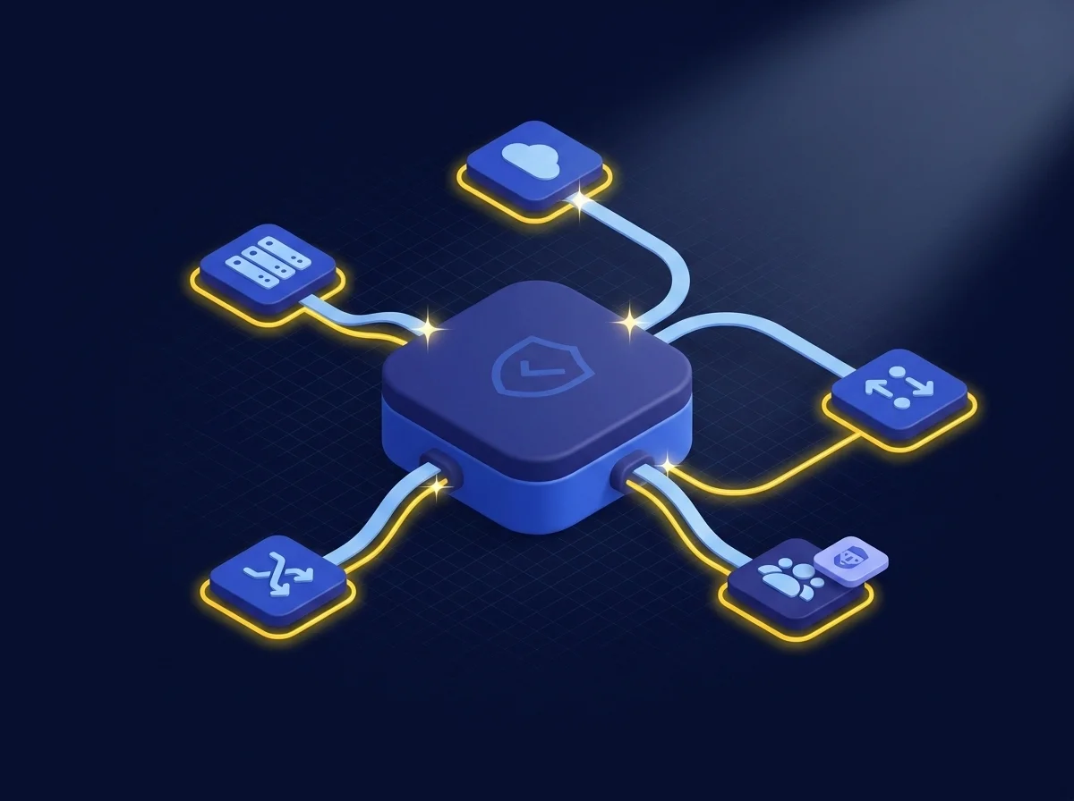 Diagram illustrating Kiteworks integration options including SFTP Server, REST API, developer tools, and SCIM support for identity management.