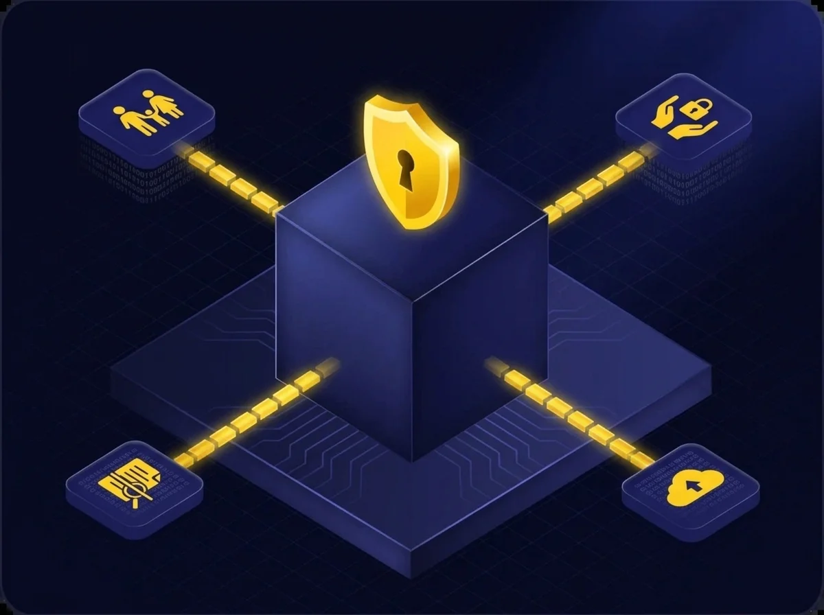 Kiteworks platform diagram showing end-to-end encryption, granular access controls, and virtual appliance hardening to protect children's PII in compliance with COPPA.
