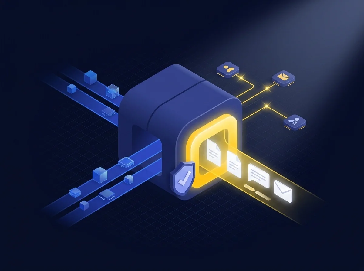 Diagram and text illustrating Kiteworks policy automation for securing sensitive email attachments and message bodies based on user roles and recipient domains.