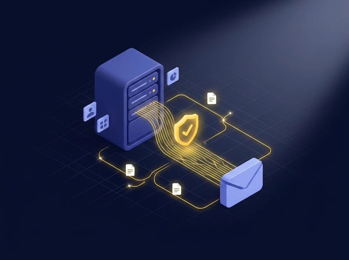 Illustration showing secure email communication with external partners using encryption, access controls, and audit logging to prevent data breaches.