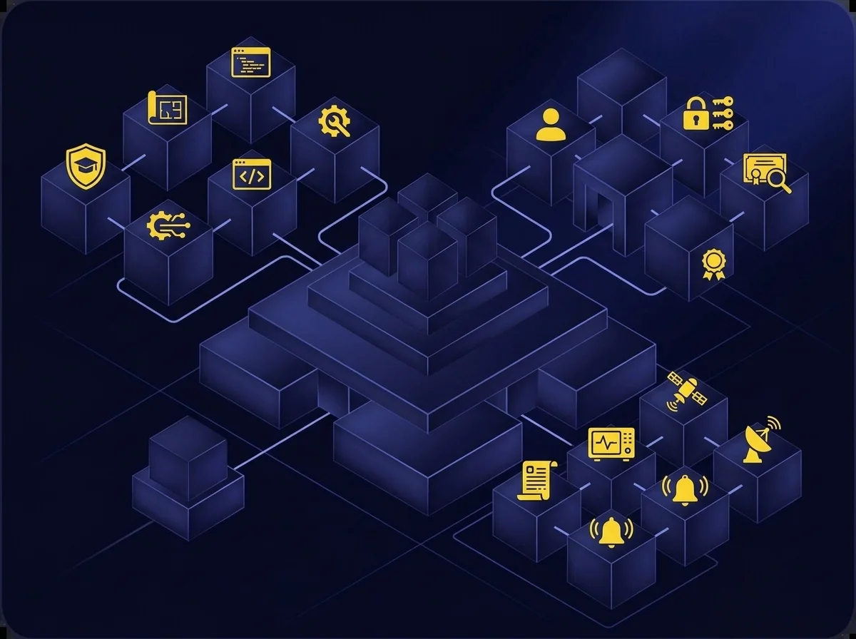 Diagram illustrating Kiteworks multi-layered security framework, covering DevSecOps practices, identity and access management, and operational security controls.