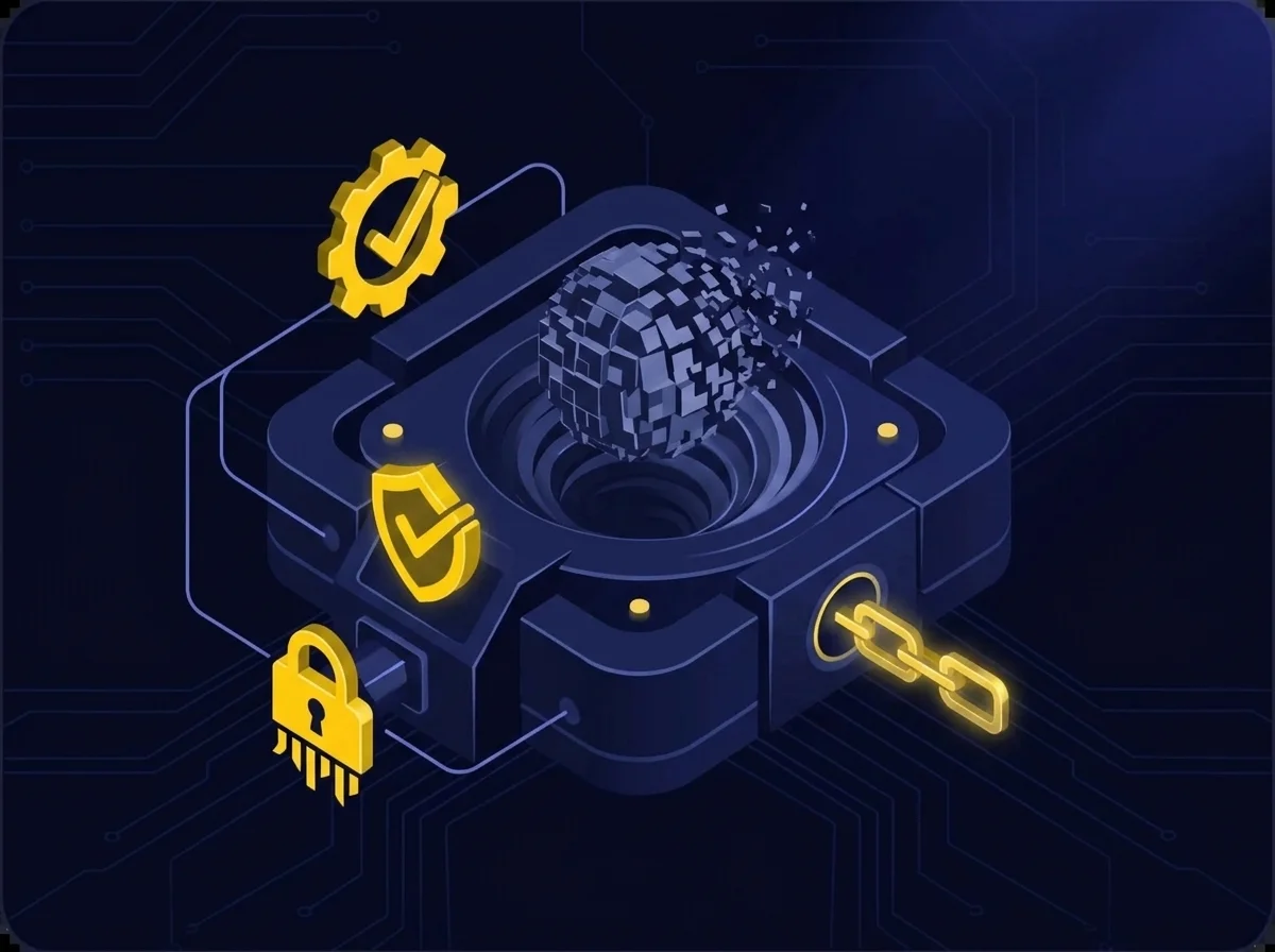 Illustration showing Kiteworks secure data deletion process for COPPA compliance, including permanent encrypted removal and comprehensive audit logs.