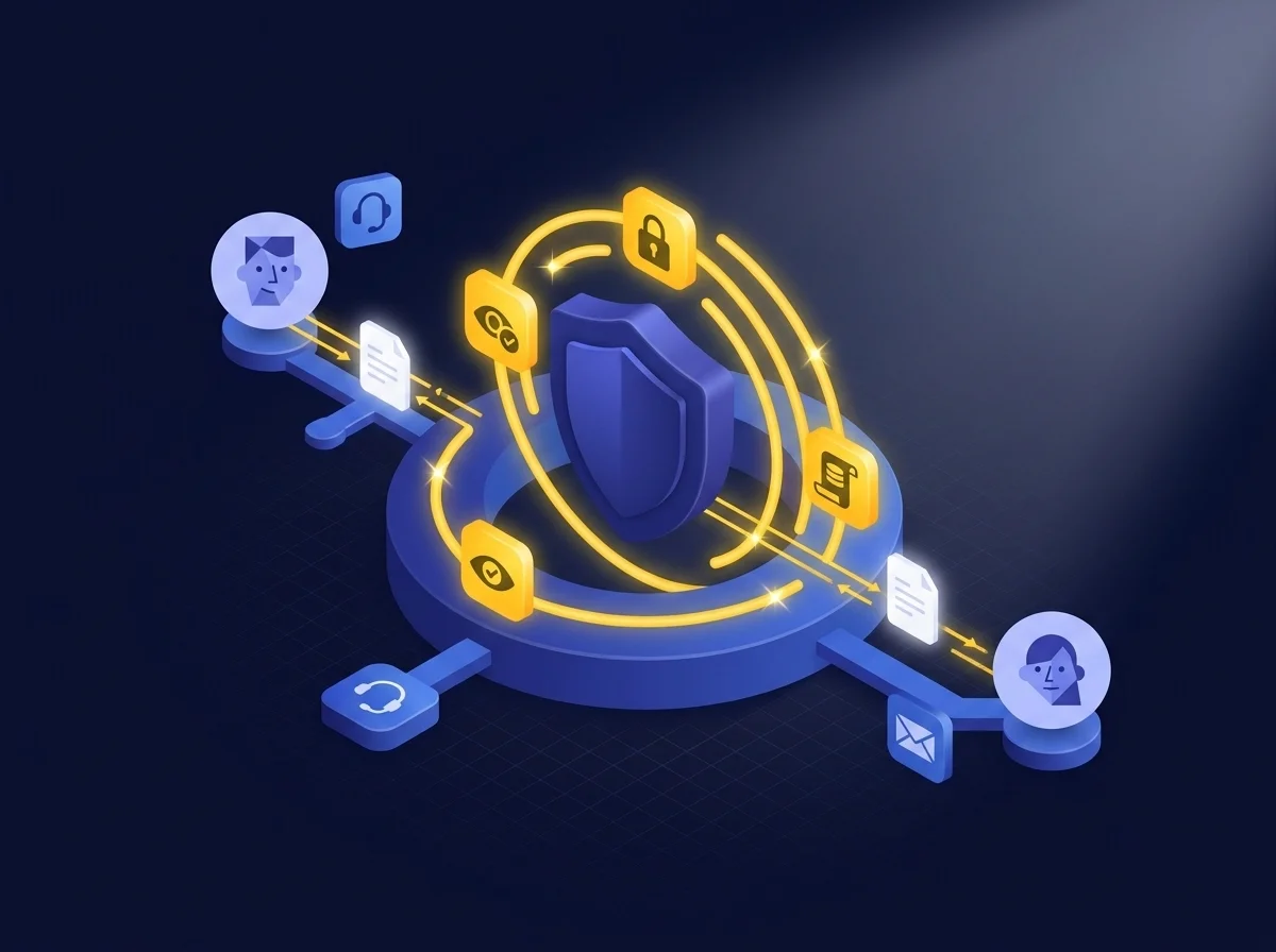 Illustration showing secure email communication for customer support with encryption and access controls to prevent data breaches. 