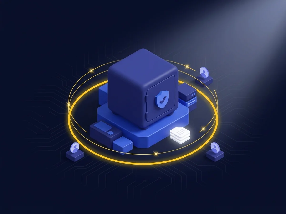 Illustration representing cybersecurity and data protection, showing a secure digital perimeter shielding sensitive research and intellectual property from cyberattacks.