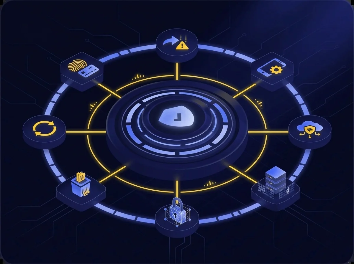 A comprehensive diagram and overview of managing multi-layered security across systems, devices, and data protection for organizations.