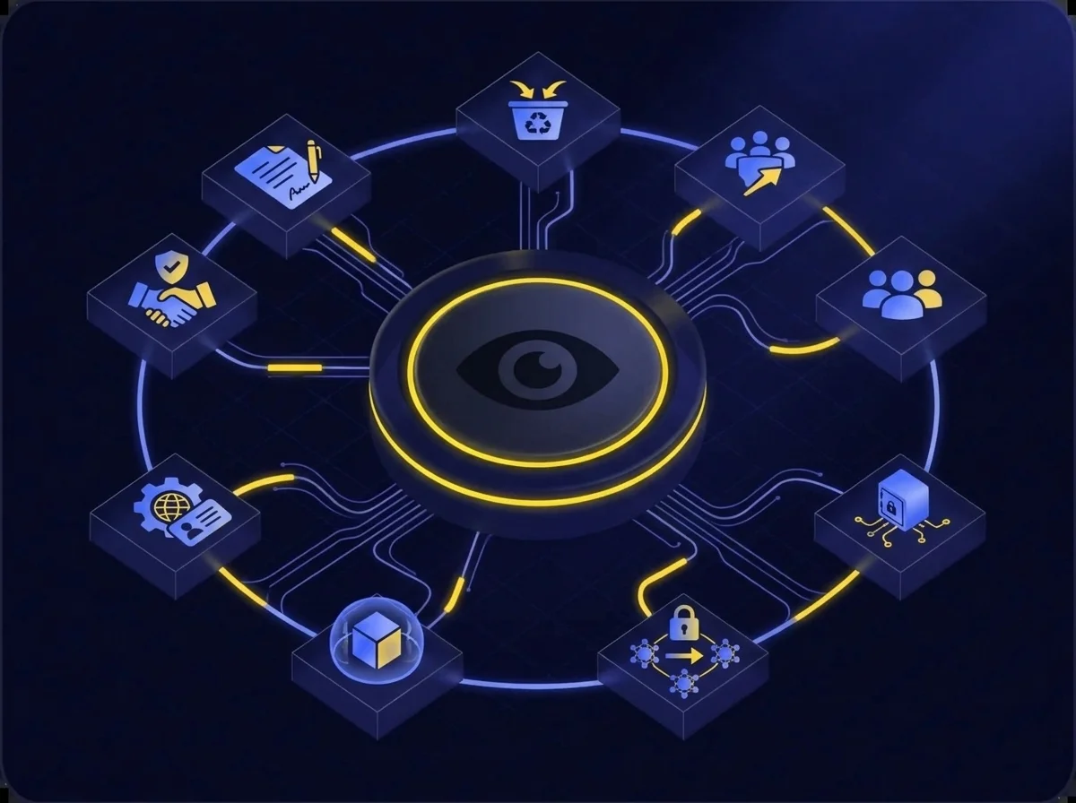 A conceptual diagram illustrating complex data protection standards, including privacy notices, security measures, and third-party transfer management for EU personal data.