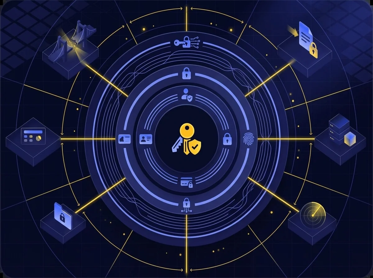 A conceptual diagram illustrating multi-layered security controls, authentication methods, and encryption protocols managing access policies across diverse systems.