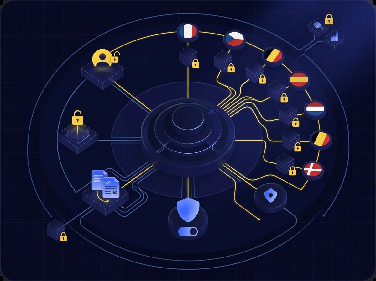 A conceptual diagram illustrating patient data control and cross-border health record access systems within the European Union.
