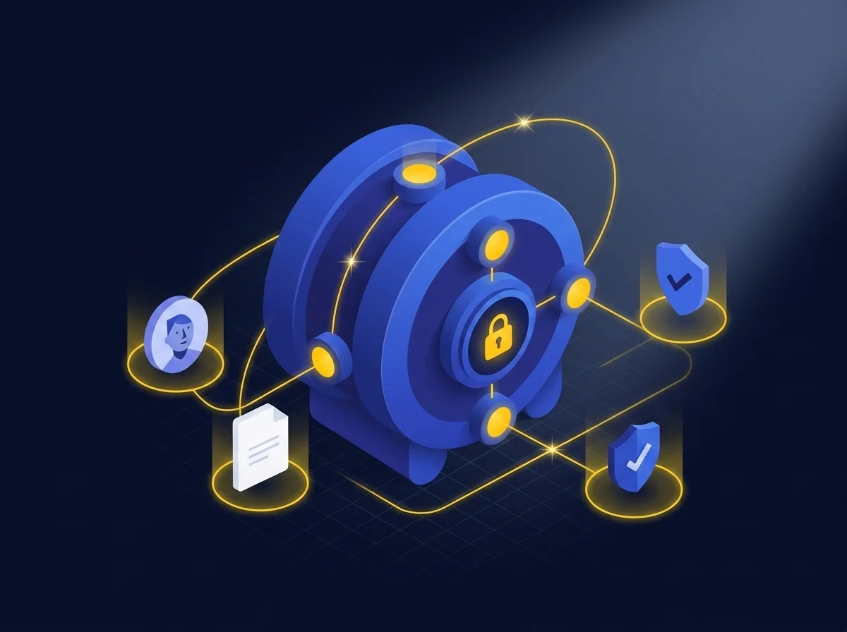 Digital rights management interface illustrating secure intellectual property protection, multi-factor authentication, watermarked files, and end-to-end encryption. 