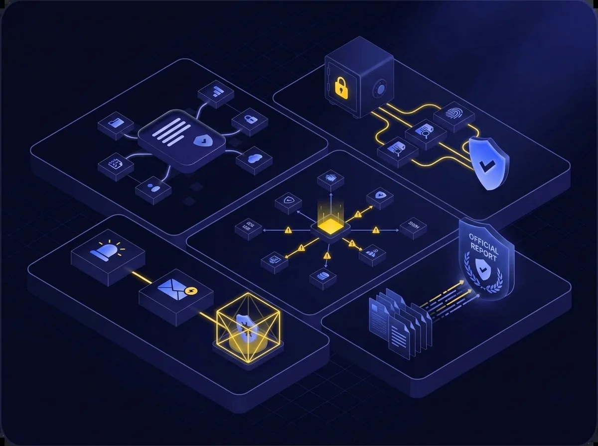Dashboard showing rapid threat defense, asset classification, real-time security detection, and automated incident response features.
