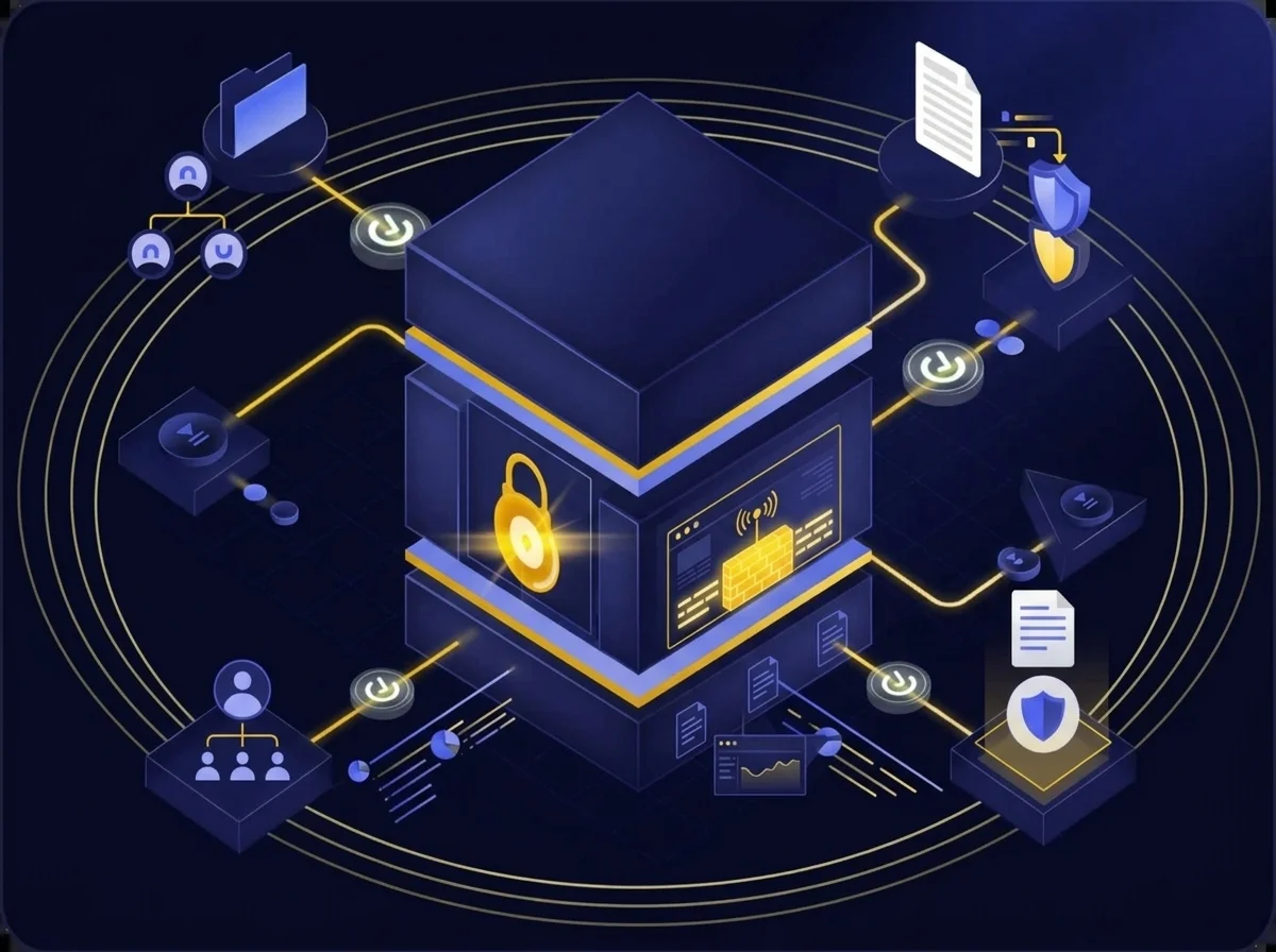 Diagram illustrating a robust security architecture with multi-layered protection, featuring encrypted virtual appliances, firewalls, intrusion detection, role-based access control, and comprehensive audit logging.