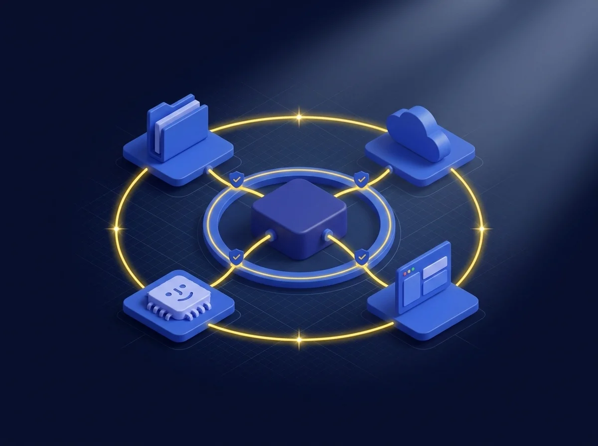 A conceptual illustration of seamless enterprise connectivity, showing secure data flows and integrated business systems protecting sensitive information.