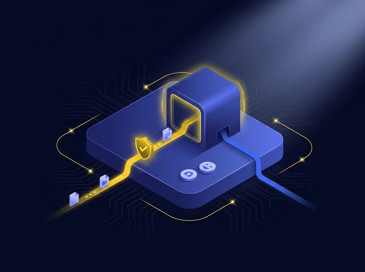 A secure platform interface showing data transfer features like encryption, access controls, and audit logs for customer support teams.