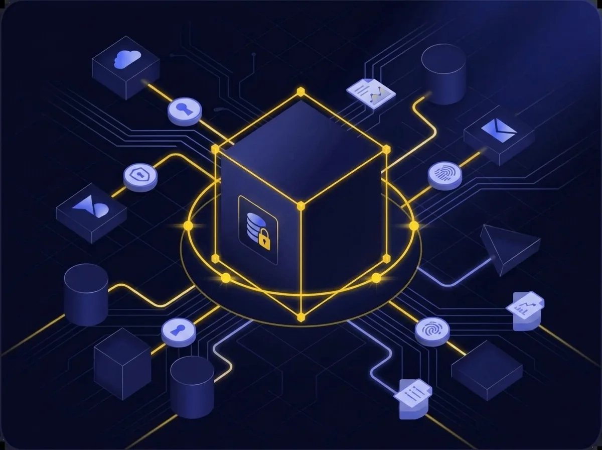 Diagram illustrating secure data management, centralized governance, and real-time monitoring for TISAX compliance.