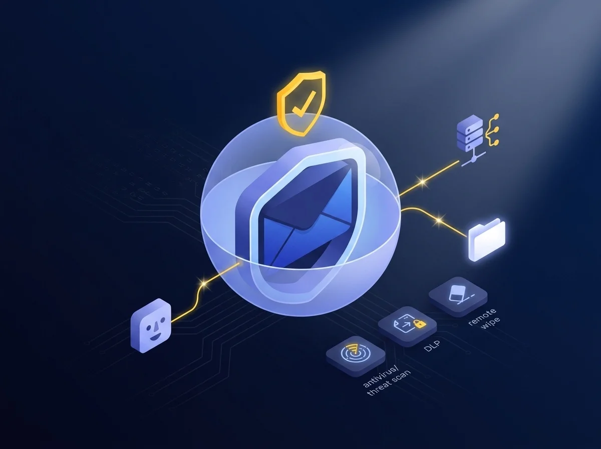 Business professional securely sending encrypted emails and editing documents on a mobile device while traveling.