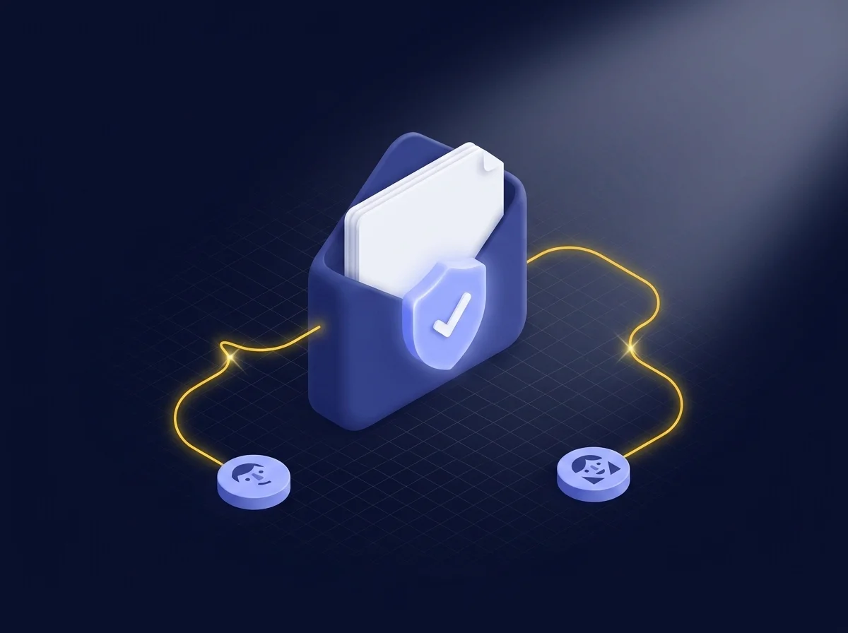 Illustration showing encrypted secure email communication for bank transaction confirmations to prevent data breaches.