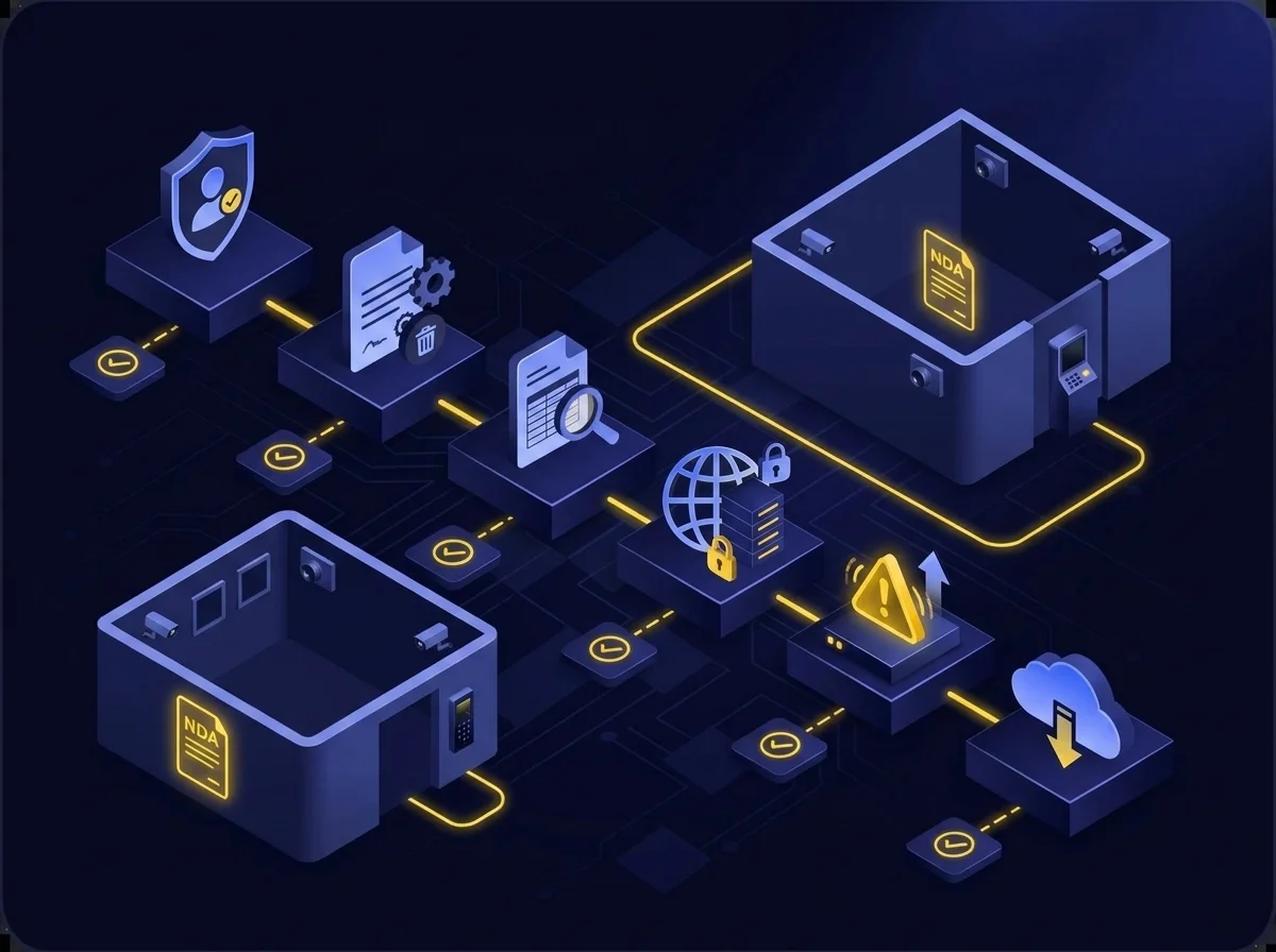 A conceptual guide detailing security measures for external partnerships and cross-border data transfers, including vendor screening, data disposal commitments, and breach notifications.