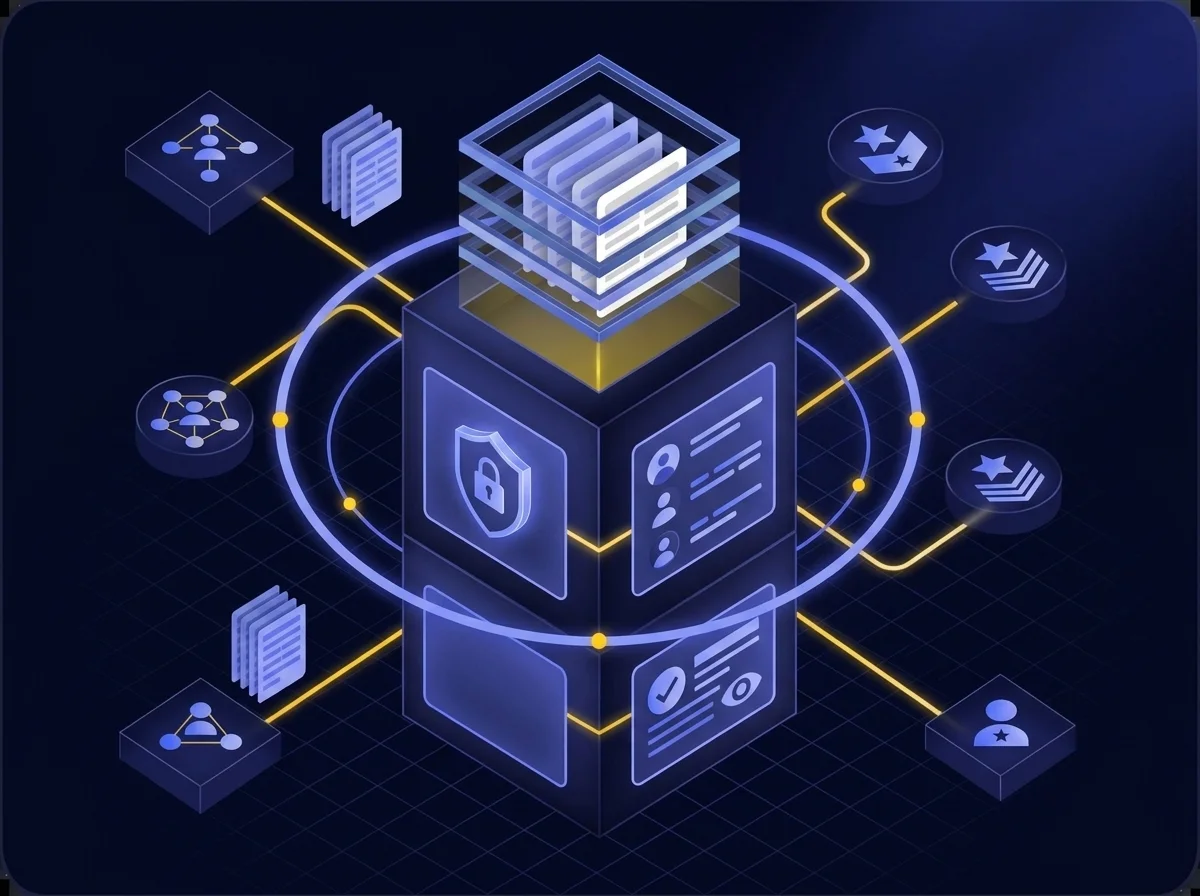 Illustration representing secure file sharing and collaboration for DIB contractors with FedRAMP authorization.