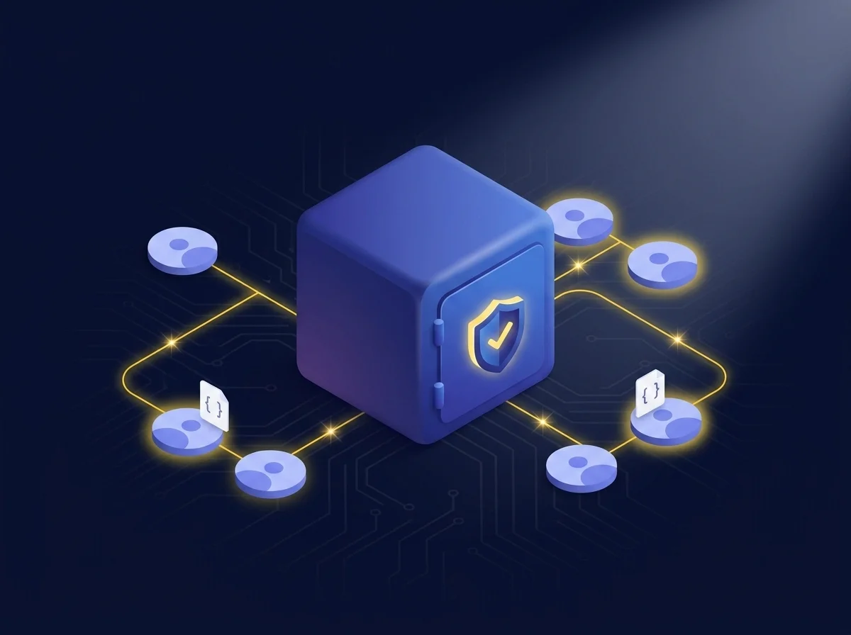 Illustration representing secure file sharing for code review using encryption and access controls to prevent data breaches.  