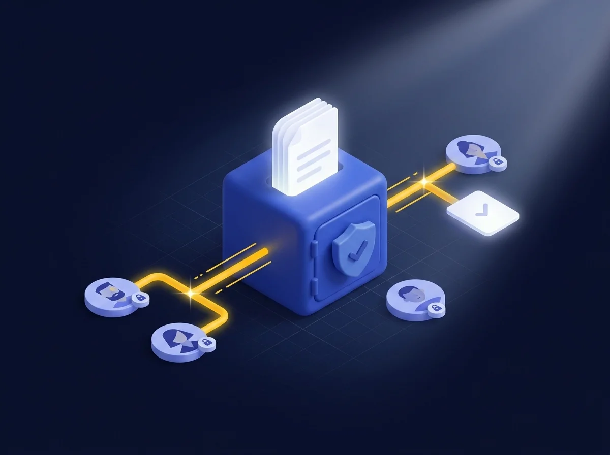 A graphic illustrating secure file sharing for legal research, ensuring data integrity and confidentiality for legal professionals.