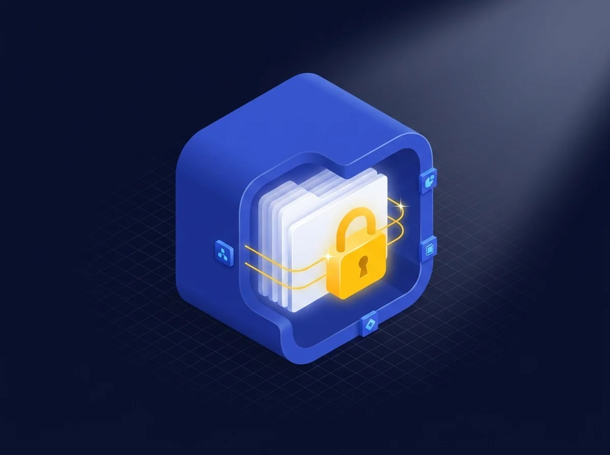A secure digital workspace showing encrypted financial audit documents and access control settings for confidential data sharing.