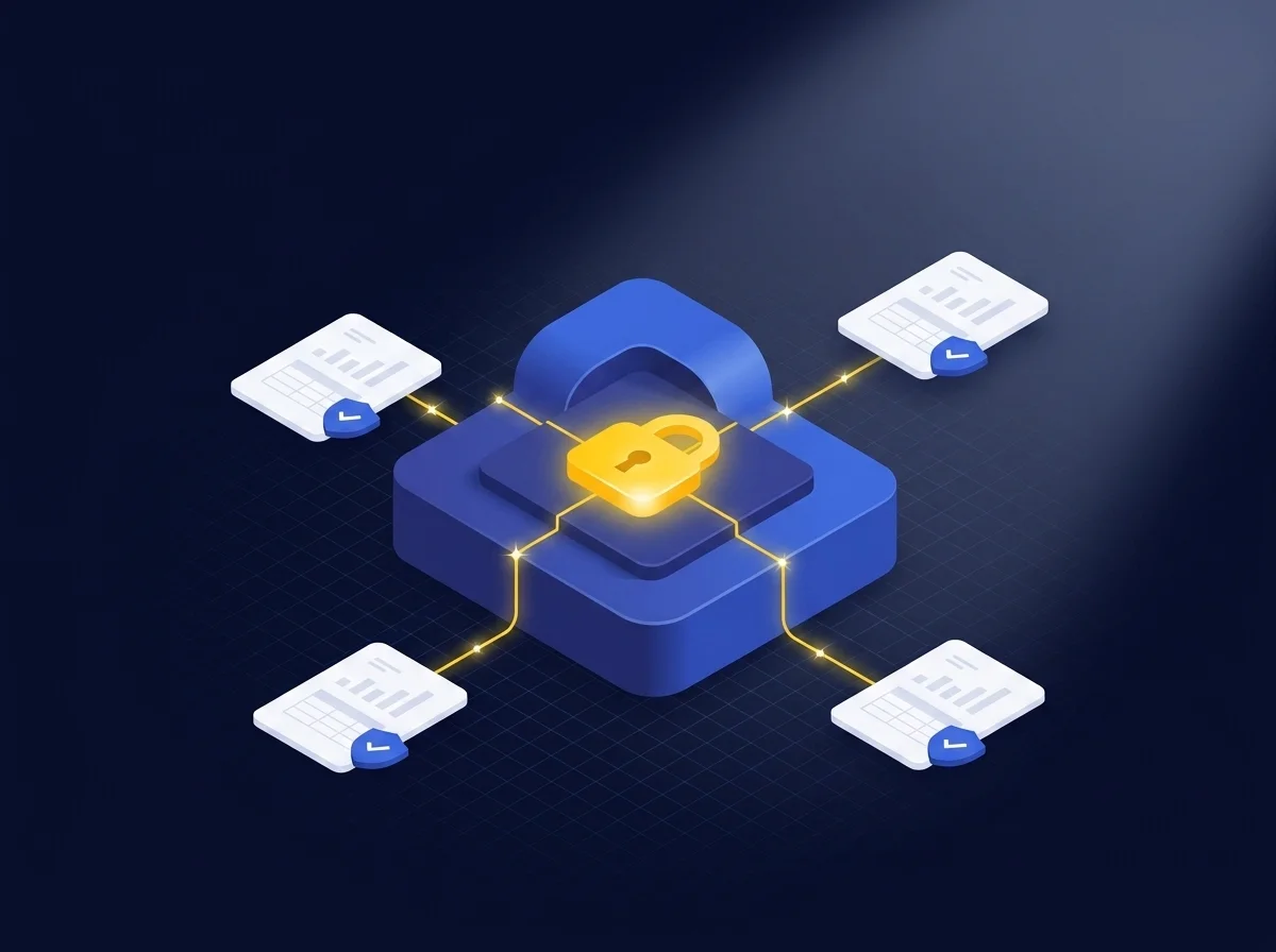 A secure platform interface showing encrypted financial budget planning documents for collaborative finance teams.
