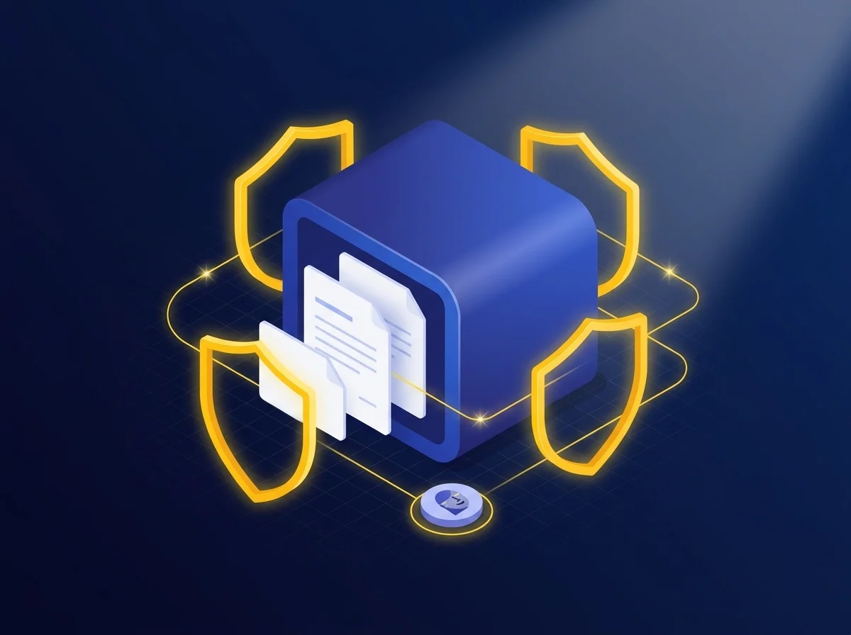 Illustration representing secure financial contract management with encrypted document privacy and access control.