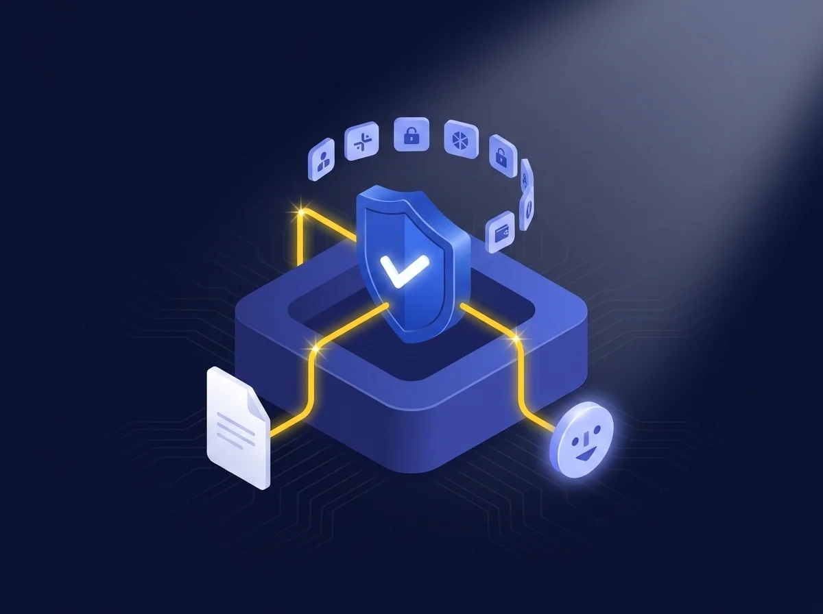 Illustration representing secure financial data exchange with encryption and access controls for data protection.