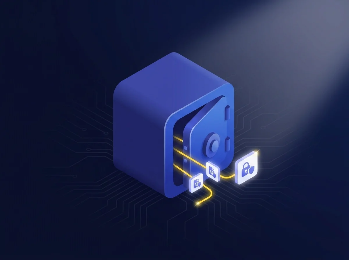 A secure digital interface representing Kiteworks platform for sharing confidential financial policy updates with robust encryption. 