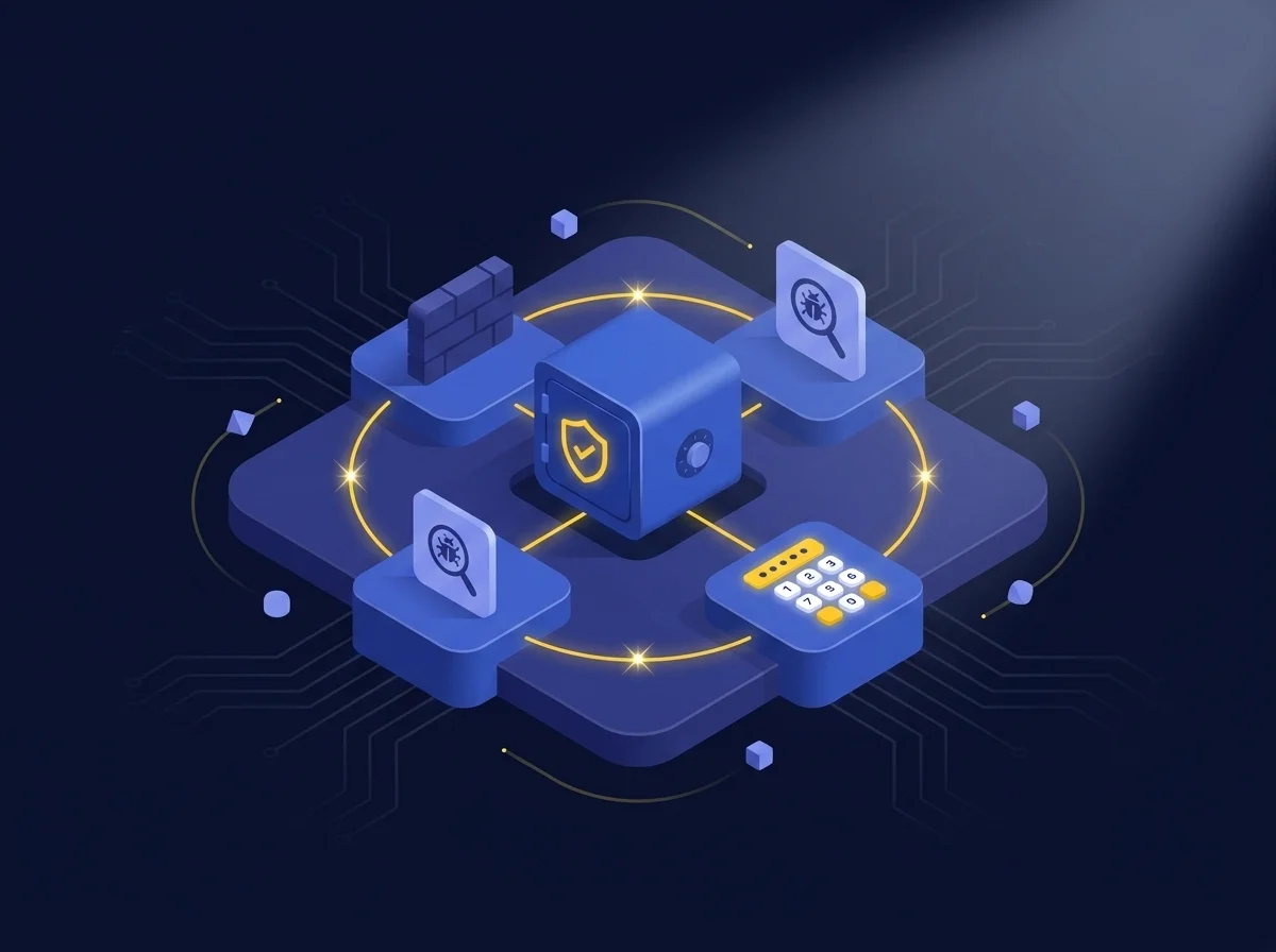 Illustration representing secure network and systems for PCI DSS compliance featuring firewalls, malware protection, and regular security updates. 