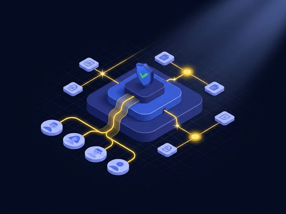 Illustration representing secure rollout of new tools and updates to end-users with encryption and compliance features. 
