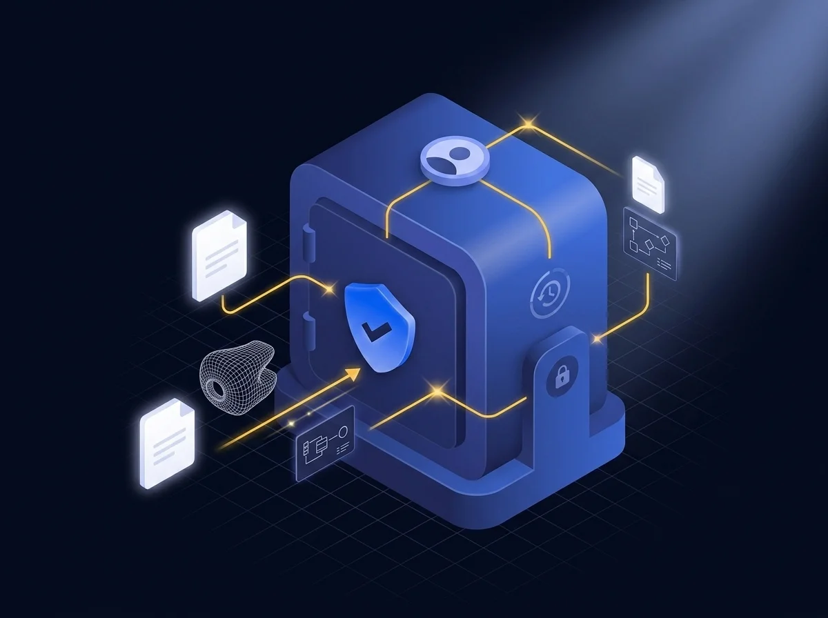 Illustration representing secure storage of sensitive product designs and CAD files with encryption and access controls.