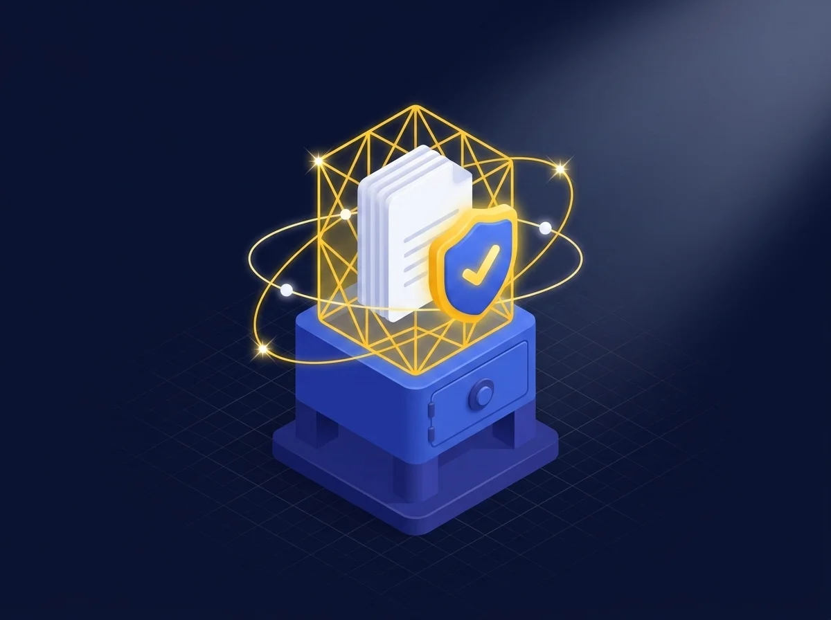 Illustration representing secure technology transfer and document sharing with encrypted access controls for data protection.