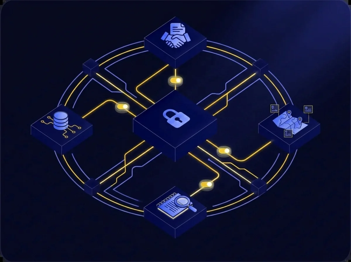 Diagram showing secure third-party integration with sovereign access, predefined roles, and comprehensive activity logging for external collaboration.