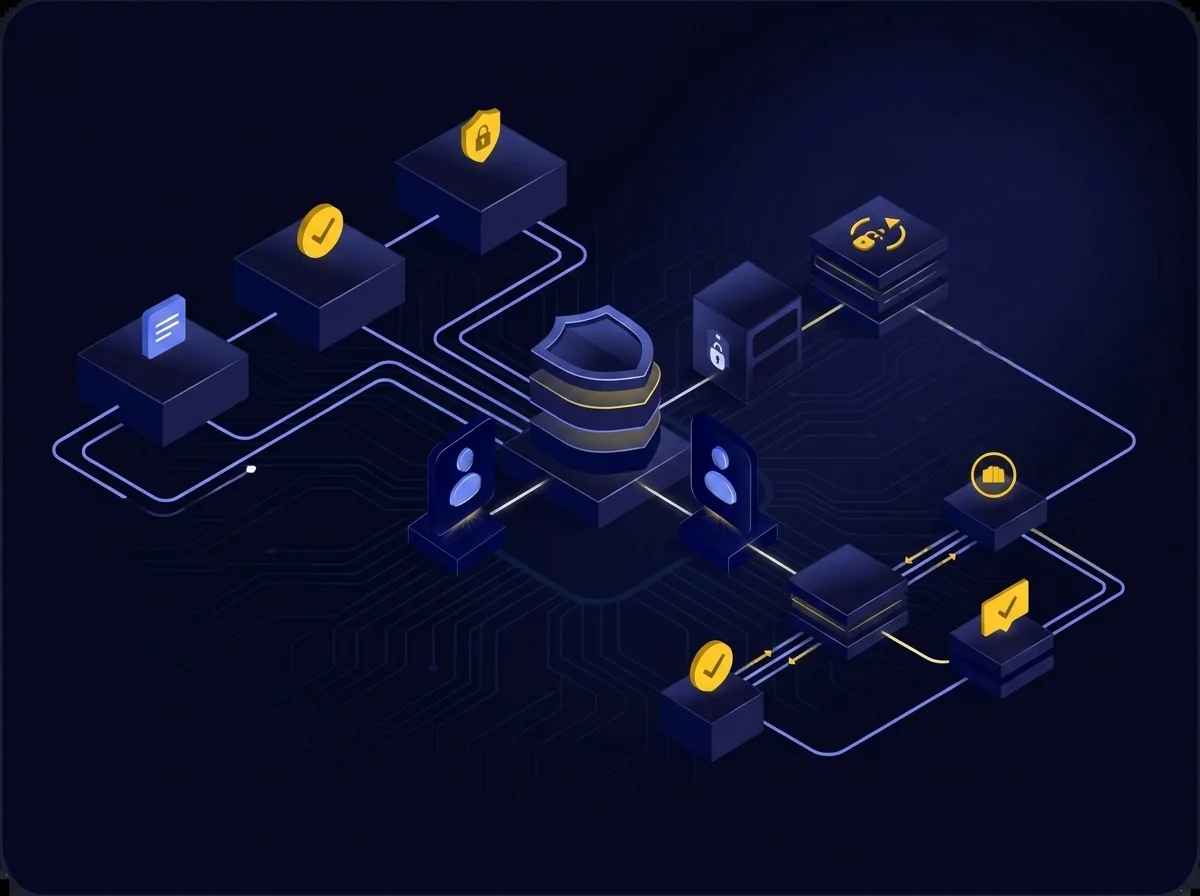 Diagram illustrating multi-layer information security frameworks, including secure development lifecycles, identity management, asset inventories, and operational security controls.