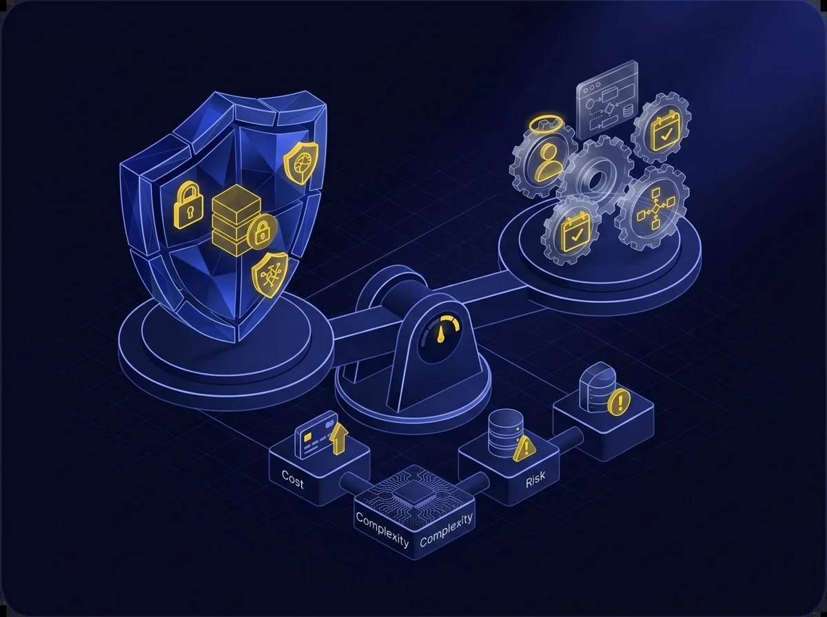 Conceptual illustration showing the balancing act between data security and privacy, highlighting technical safeguards, implementation costs, and processing risks.