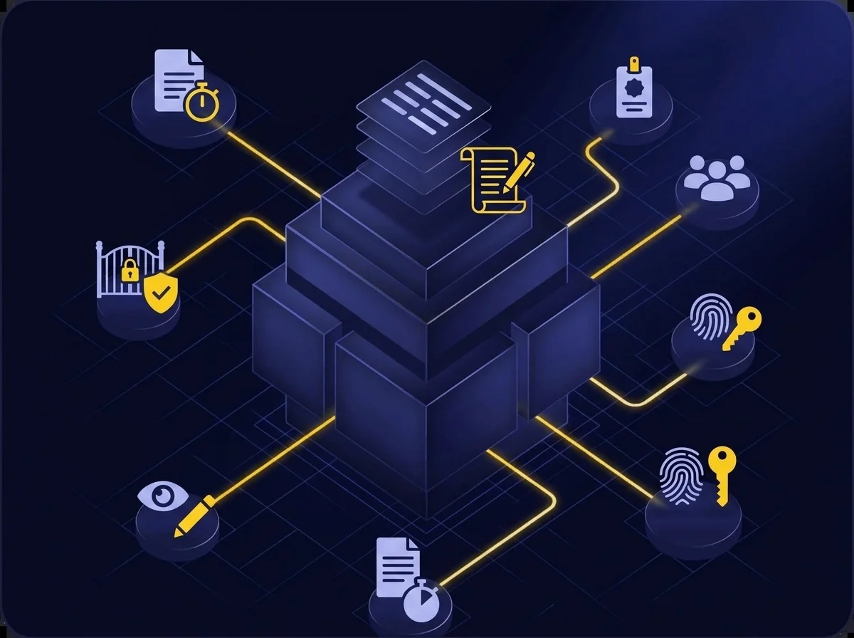 Diagram illustrating smart controls for data management including time-based policies, zero-trust exchanges, SafeVIEW, SafeEDIT, audit logs, role-based access, and multi-factor authentication.