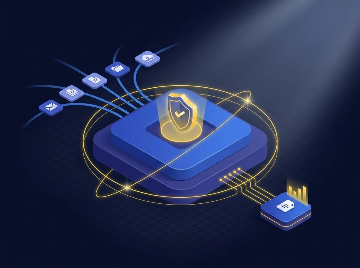 3D cybersecurity illustration on a dark navy background with blue and gold accents showing secure data infrastructure and compliance gateways for defense contractors. 