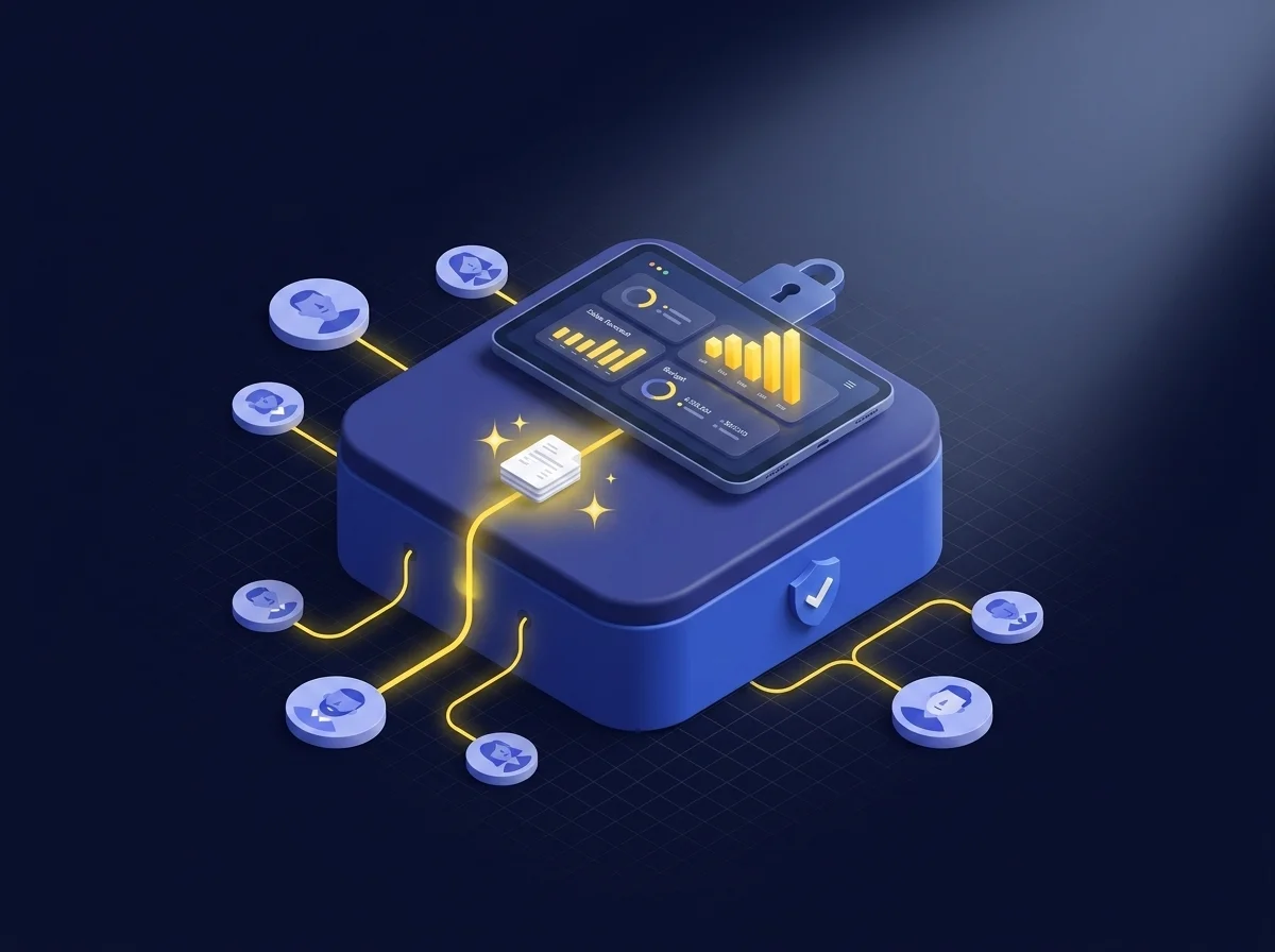 A senior executive securely accessing real-time financial budgets and sales forecasts on a mobile device while traveling.