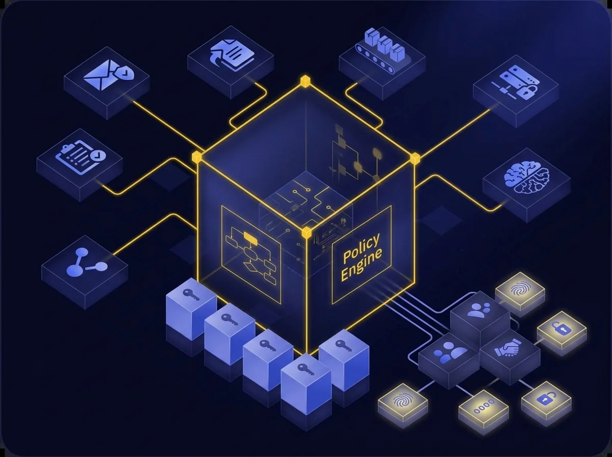 A light, professional illustration of a centralized policy engine unifying secure email, file sharing, and data transfer channels with governance and role-based access control.