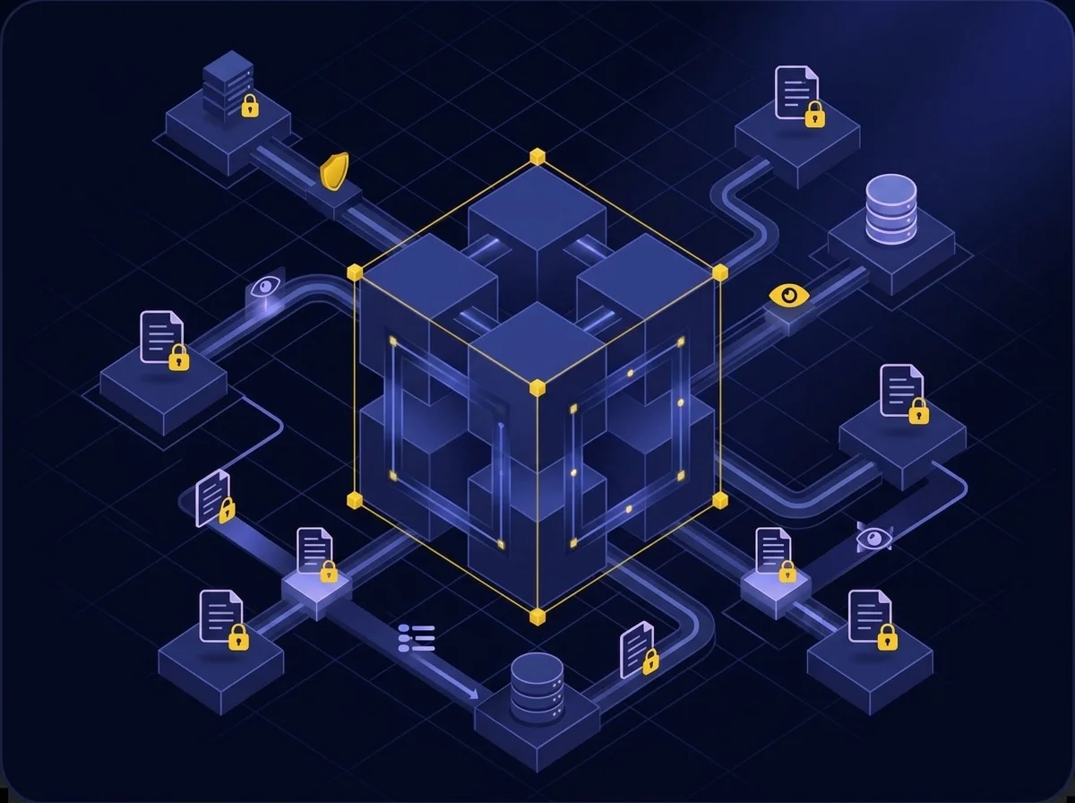 Isometric style data visualization showing audit and accountability infrastructure with secure logging and monitoring on a deep navy background with blue and yellow accents.