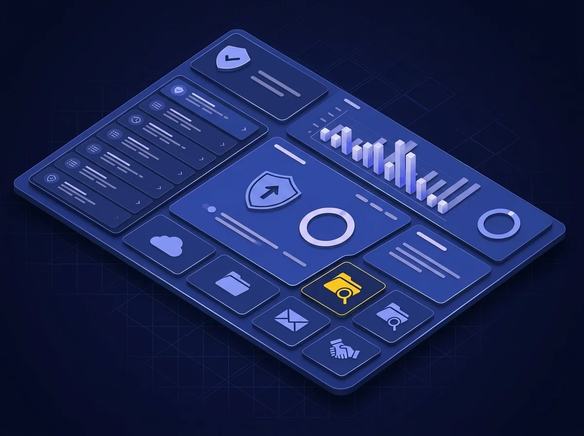 Isometric dashboard illustration for comprehensive audit logging and ITAR compliance tracking featuring deep navy and blue-violet tones with yellow accent details.
