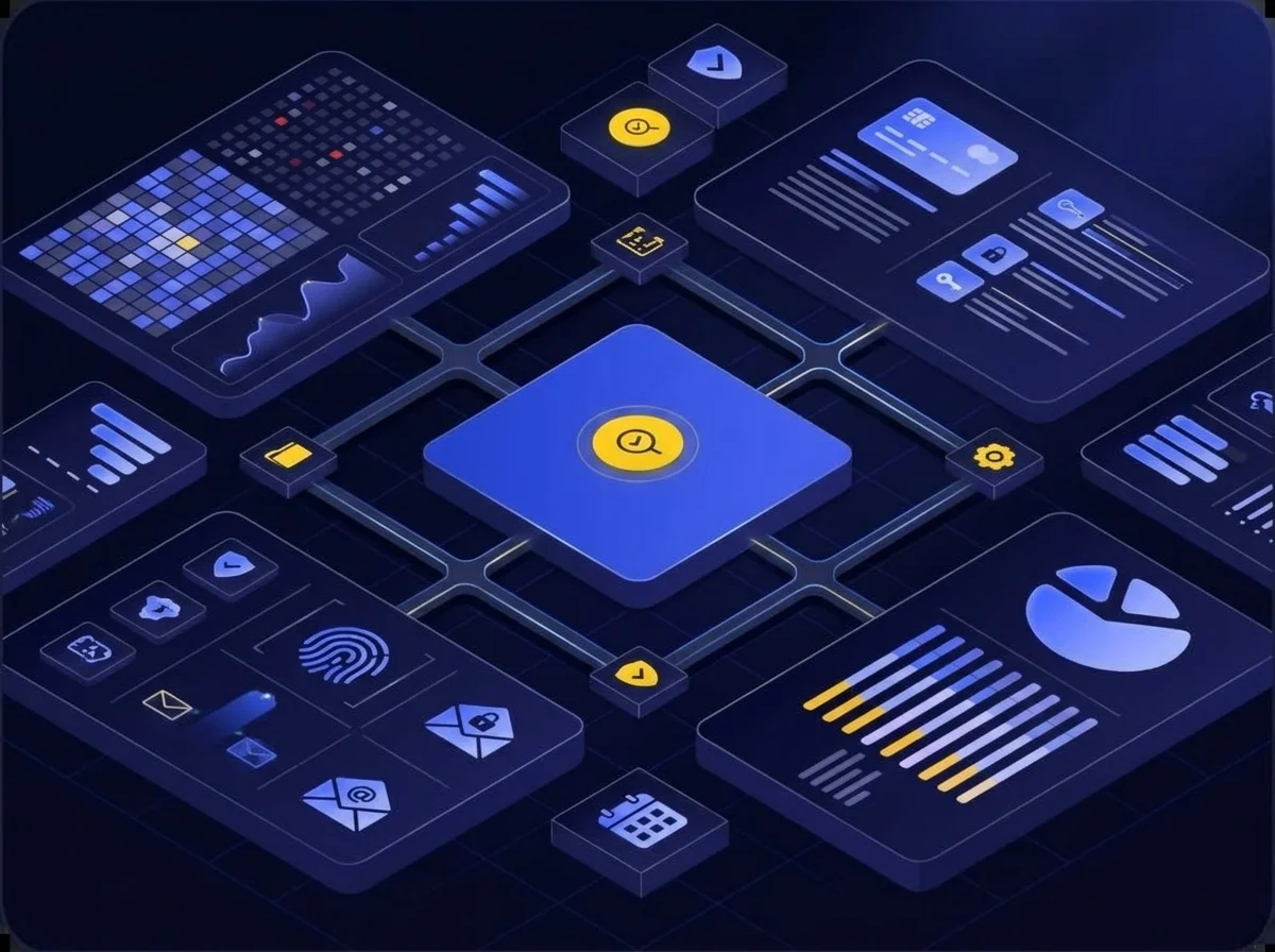 Continuous Security Monitoring With Mandatory Training Requirements Isometric UI illustration with a deep navy background, dark blue surfaces, blue-violet highlights, soft lavender details, and yellow accents depicting continuous security monitoring and training.