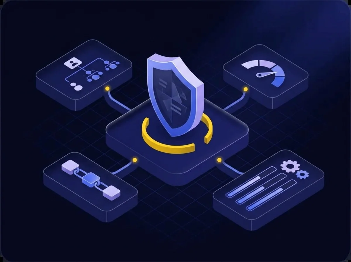 Organizational governing controls icon An isometric UI illustration with a deep navy background, dark blue surfaces, blue-violet highlights, soft lavender details, and yellow accents representing governance and compliance.