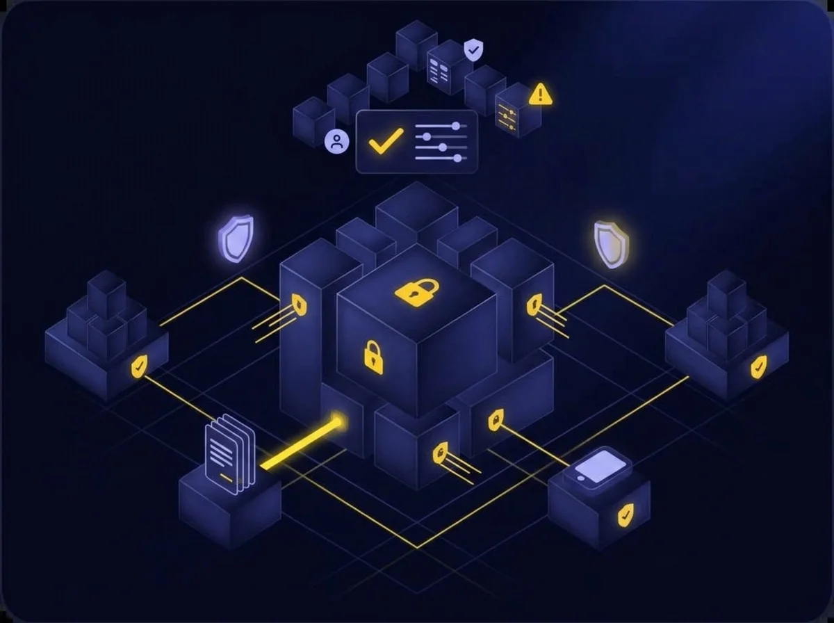 Isometric 3D illustration of a hardened virtual appliance with secure least-privilege settings, featuring a deep navy background, dark blue surfaces, blue-violet highlights, soft lavender details, and yellow accents.