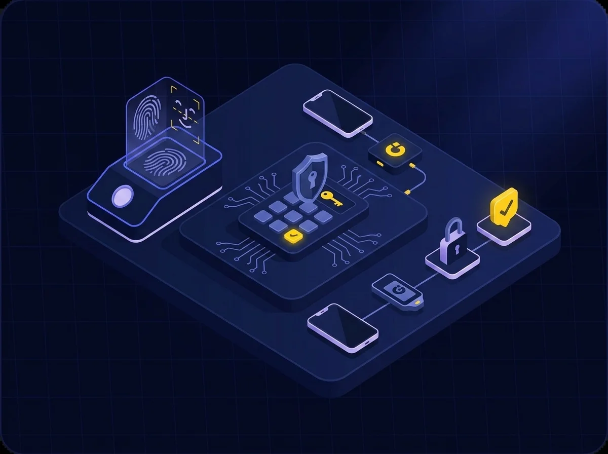 Isometric illustration of identification and authentication security concepts featuring users, devices, and multi-factor authentication against a deep navy background with blue and yellow accents.